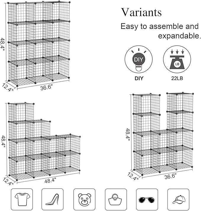 C&AHOME Wire Cube Storage, 12-Cube Storage Organizer Metal, C Grids Storage Bins Shelving, Modular Bookshelf Shelf, Closet Cabinet Ideal for Bedroom, Office 36.6”L x 12.4”W 48.4”H Black
