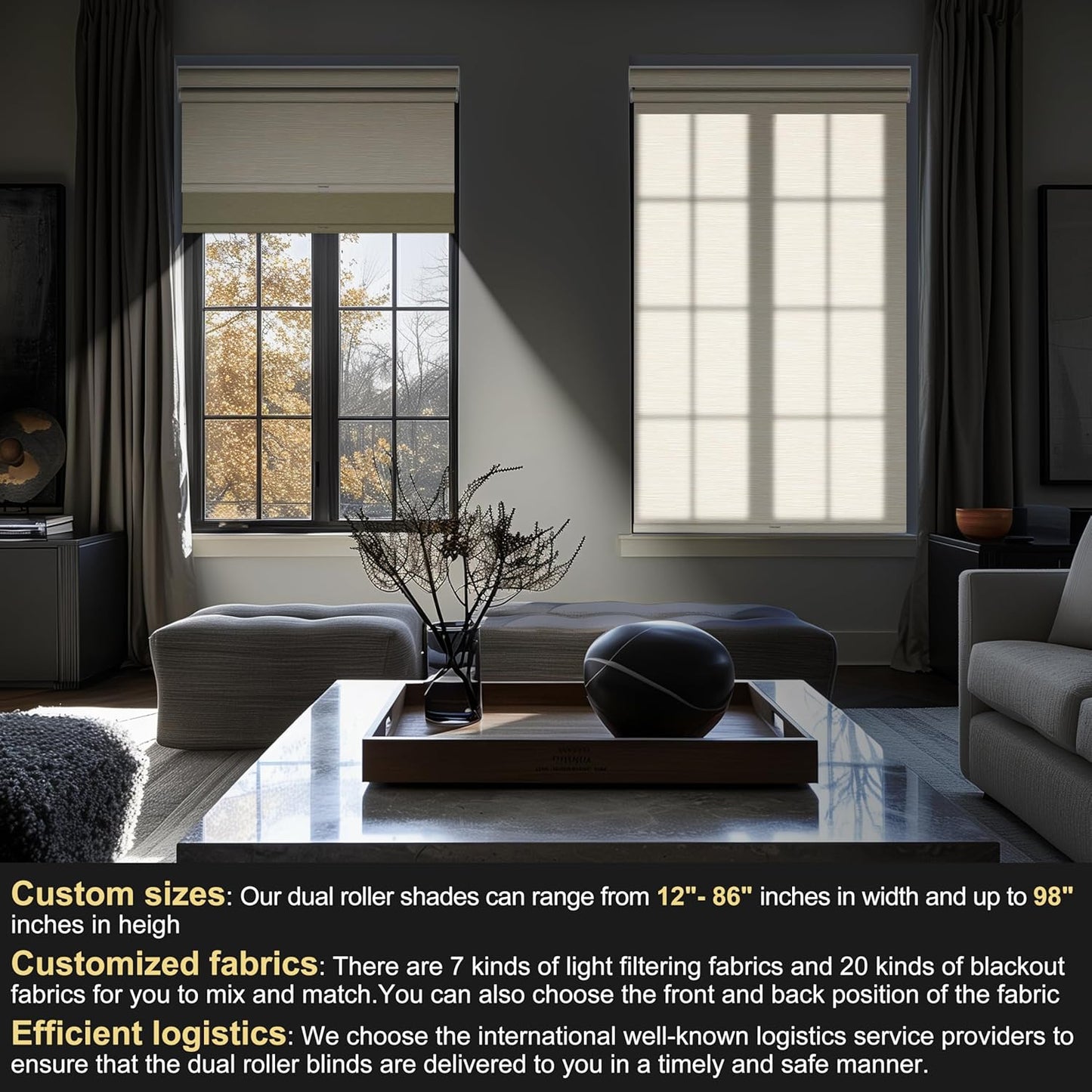 BERISSA Cordless Dual Roller Shades With Cassette Valance, Blackout and Light Filtering, Day and Night for Home Office Door - Striped Jacquard Beige, 52 W x 86" H