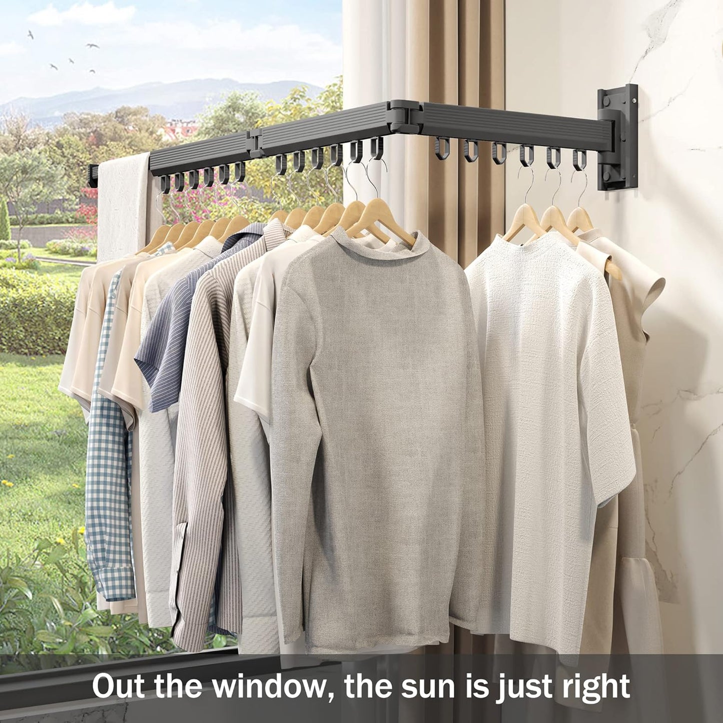 Wall Mounted Clothes Drying Rack - Foldable, Retractable Laundry Hanger with Grey-Rings - NestledHome
