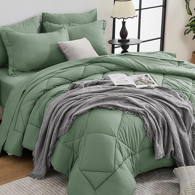 HEVUMYI Sage Green California King Comforter Set - 7-Piece All Season Bed in a Bag Cal King, Ultra Soft Bedding Set with Comforter, Flat Sheet, Fitted Sheet, Pillowcases, Pillow Shams
