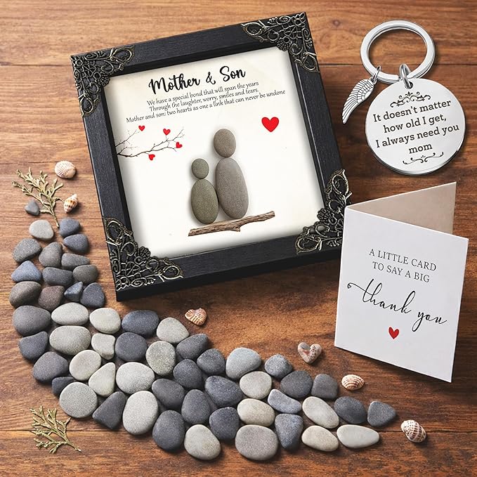 Mom Birthday Gifts from Son, 5.5" Pebble Art Frame Mother and Son Plaque, Mother Engraved Keychain for Women, Thank You Card, Best Mom Ever Gifts, Valentines Day Mothers Day Present S16-55