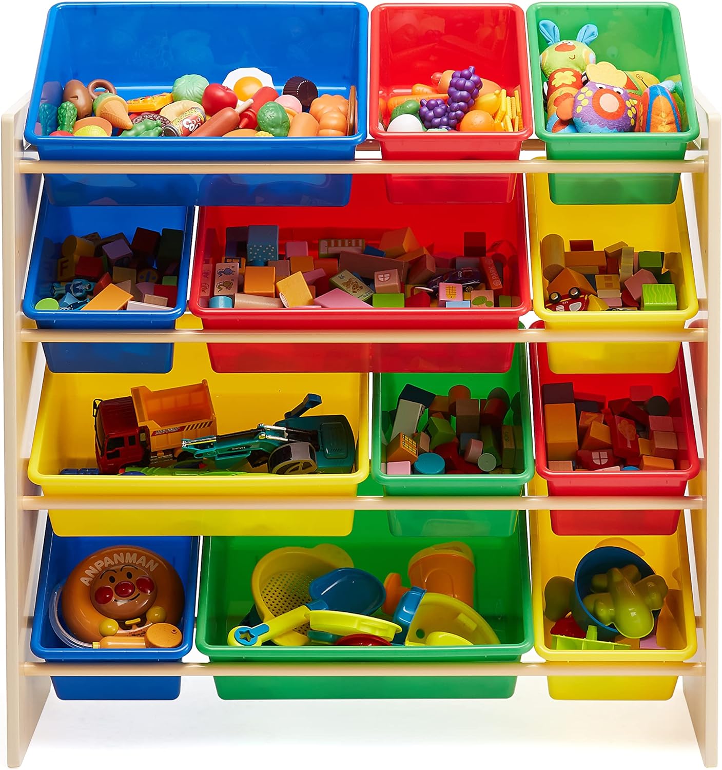 Amazon Basics Kids Toy Storage Organizer With 12 Plastic Bins, Natural Wood With Bright Bins, 10.9" D x 33.6" W x 31.1" H - NestledHome