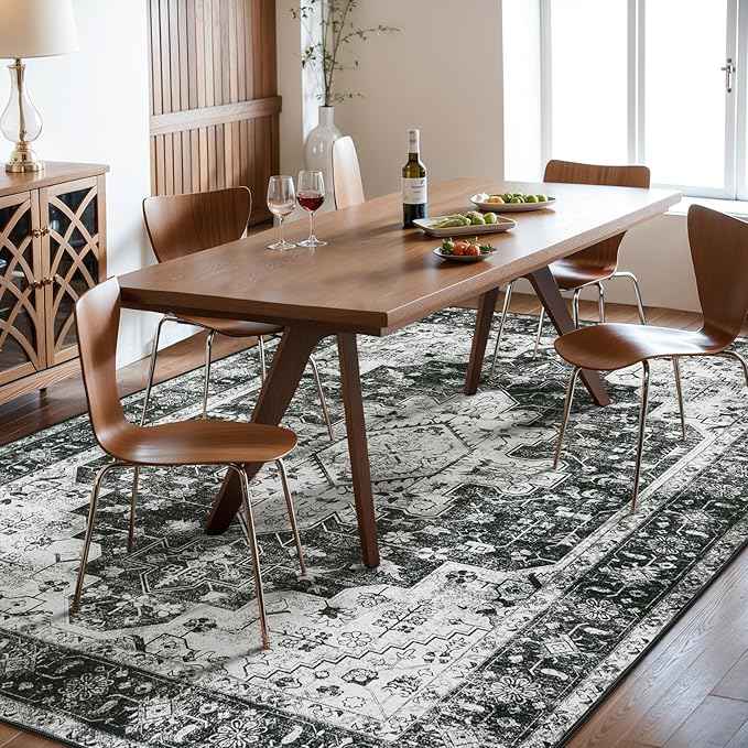 Moynesa Ultra-Thin Washable Area Rugs 8x10 Black and White Rugs for Living Room, Boho Large Rugs for Bedroom Non Slip Lightweight, Vintage Low Pile Carpet for Dining Room Home Office Decor