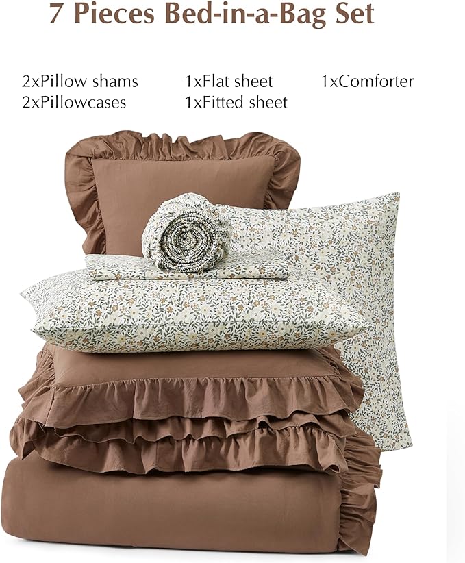 King Comforter Set - 7 Pieces Ruffle Amber Brown Bedding Sets, Shabby Chic Farmhouse Bed in a Bag with Ruffle Comforter, Floral Sheets, Pillowcases & Shams