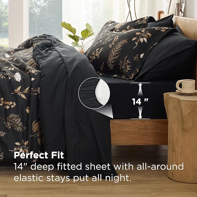 Bedsure Black Full Comforter Set - 7 Pieces Floral Bedding Sets Full Bed in a Bag with Reversible Botanical Flowers Comforter, Sheets, Pillowcases & Shams