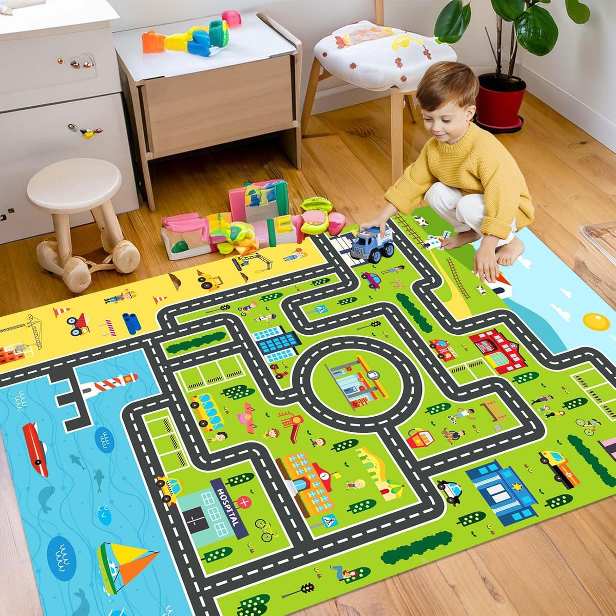 Kids Rug Playroom Car Rug Play Mat City Life Road Rugs Fun City Map for Kids Toy Cars Carpet for Bedroom Boys (Green-Rug, 5.2x7.9ft) - NestledHome