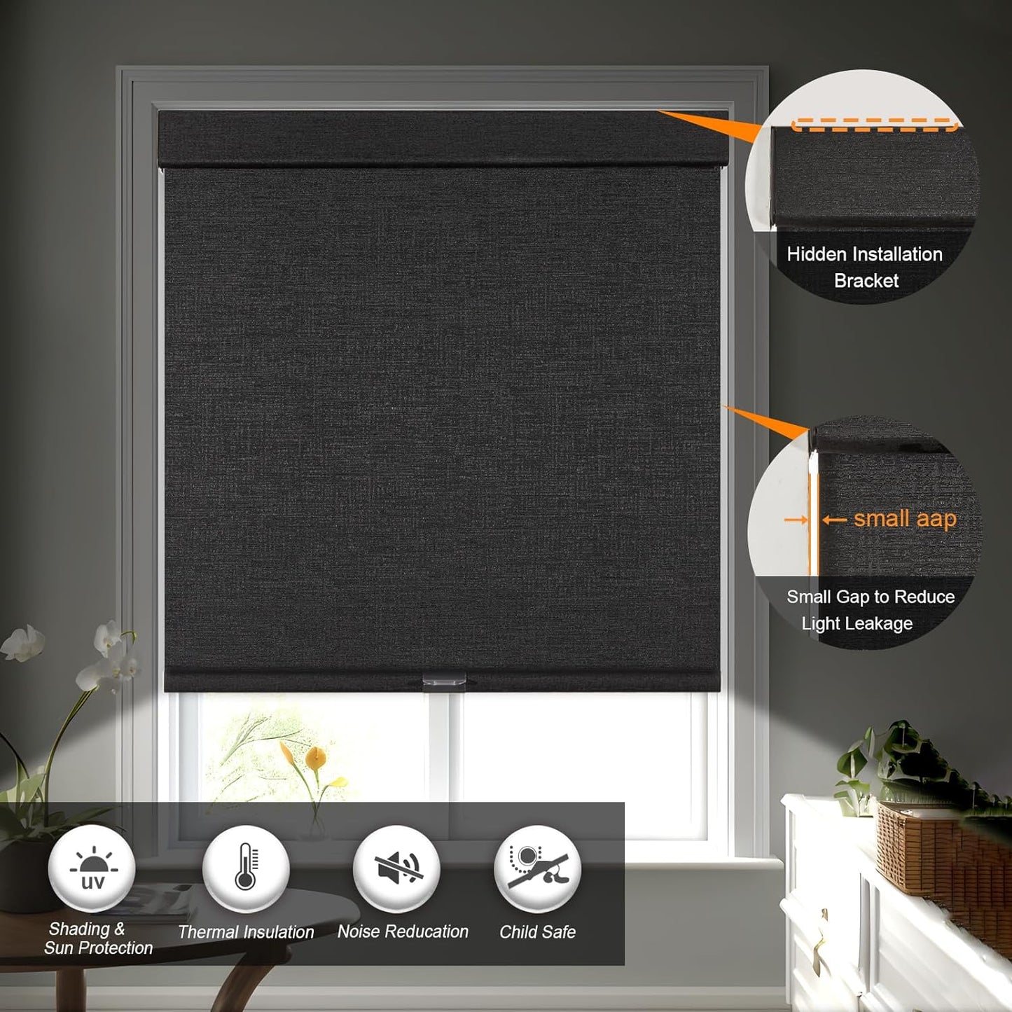 Persilux Free-Stop Cordless Blinds for Indoor Windows with Cover, Window Shades Blackout Roller Blinds, Thermal Insulated Fabric UV Protection for Kitchen, Office, Living Room, Black(46" W x 72" H)