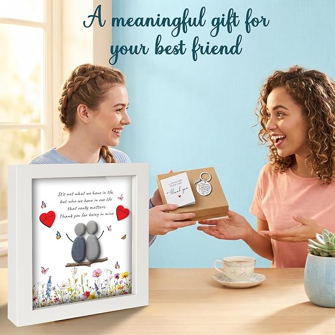 Bestfriend Gifts for Women, Pebble Art Bestie Frame Wall Art, Thank You Soul Sister Keychain, Appreciation Birthday Friendship Gifts for Sisters, BFF, Besties, Friends, Valentines Day Decor S93-47