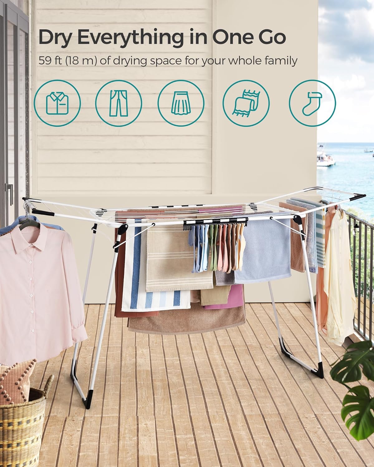 SONGMICS Clothes Drying Rack Foldable, Gullwing Laundry Drying Rack, Space-Saving, 22.2 x 68.1 x 38 Inches, Sock Clips, Metal Structure, for Clothes, Towels, Linens, Indoor, Outdoor White ULLR518W01 - NestledHome
