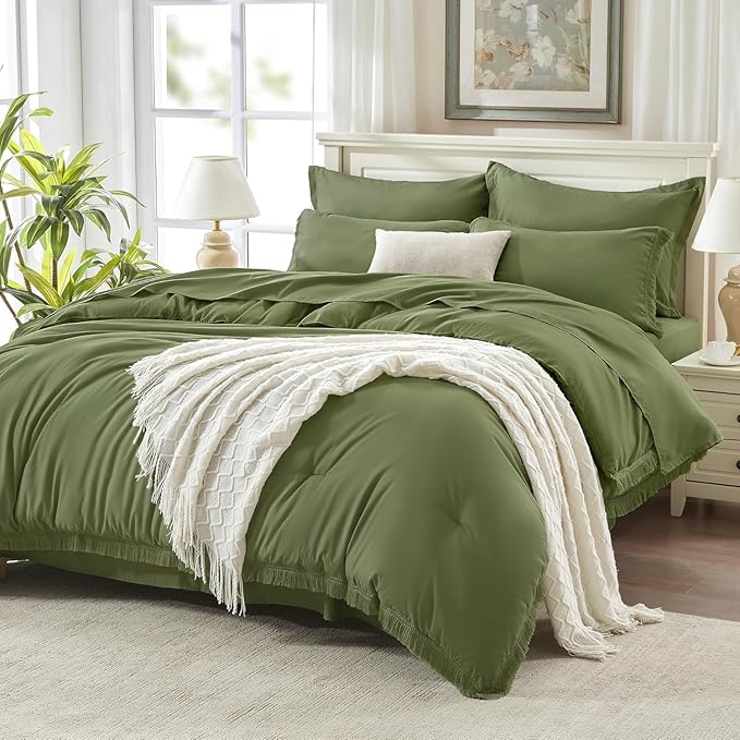 Andency Oversized King Comforter Set with Sheets 120x120 Olive Green - 7 Pieces Boho Tassel Bed in a Bag Soft Lightweight Bedding Sets, Fringe Bed Set with Comforter, Sheets, Pillowcases & Shams