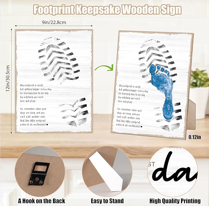 Farmhouse Fathers Day Footprint Art Wooden Sign with Stand and Hook, 9x12 Inch, DIY My First Father Day Crafts Keepsake, Personalized Gifts for Dad Daddy from Wife Daughter & Son