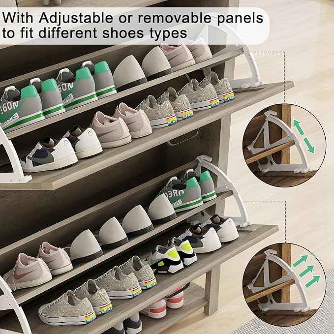 Vabches Shoe Storage Cabinet, Farmhouse Freestanding Organizer with 2 Flip Drawers, Wooden Hidden Narrow Slim Shoe Rack Cabinet for Entryway, Hallway, Foyer, Grey