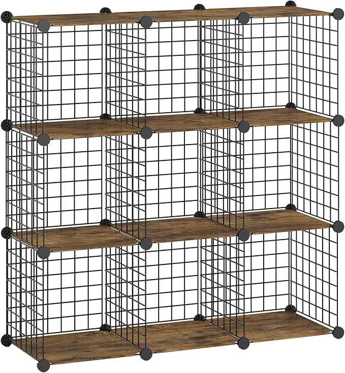 HOOBRO Wire Cube Storage Organizer, 9-Cube Shelves, Modular Shelves with Metal Grid, DIY Closet Cabinet for Living Room, Bedroom, Rustic Brown and Black BF09CW01