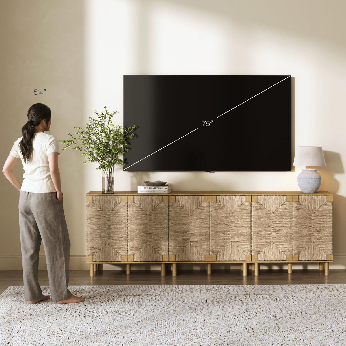 Beacon Accent Natural Sideboard Storage Cabinet TV Stand in Light Wood with Adjustable Interior Shelf and Seagrass Doors
