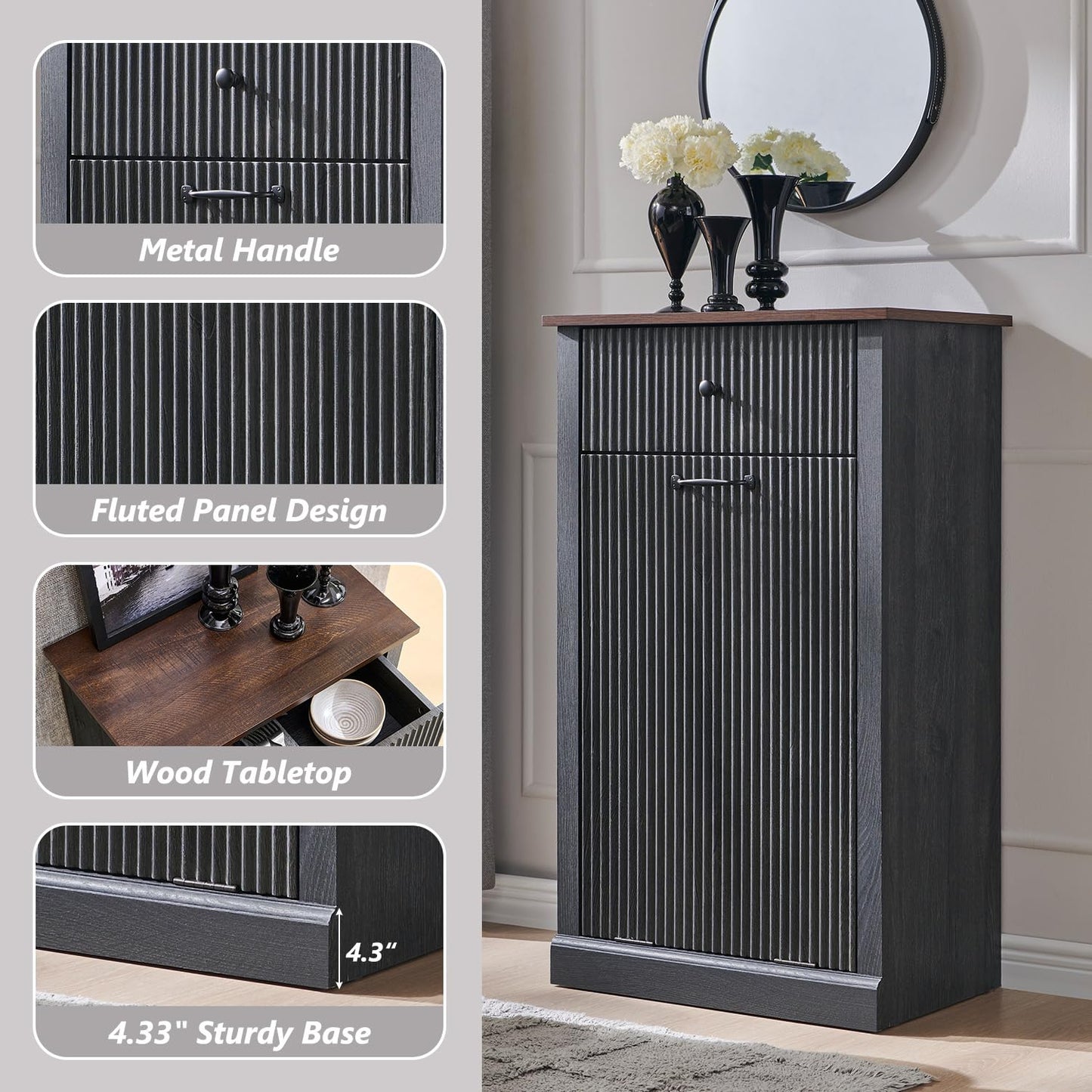 Modern Tilt-Out Trash Can Cabinet, 10 Gallon Fluted Laundry Hamper Cabinet with Drawers, Wooden Hidden Garbage Can Cabinets with Storage Basket, Free Standing for Kitchen and Living Room, Grey - NestledHome