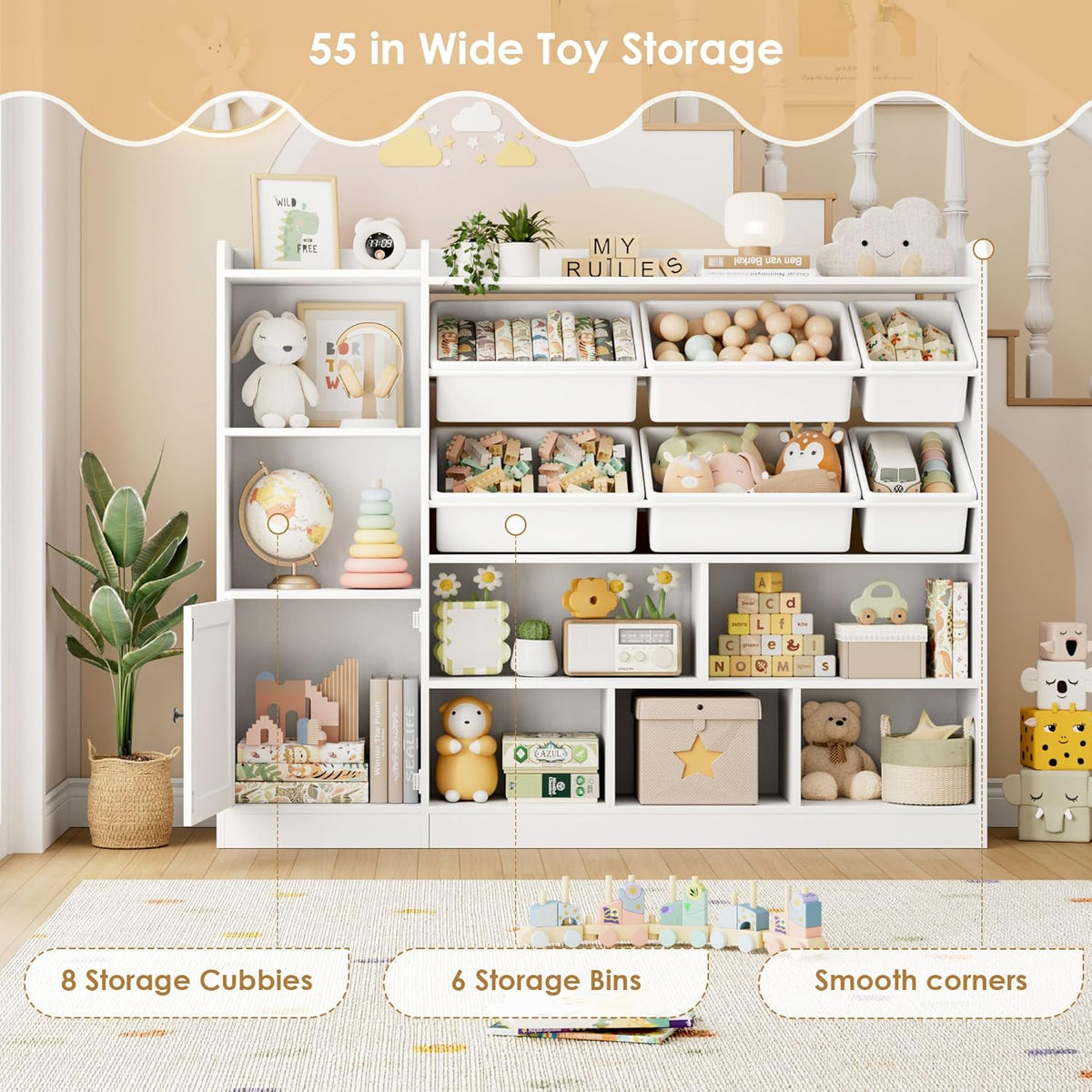 Toy Storage Organizer, 55” Wide Toy Organizers and Storage with 8 Storage Cubbies & 6 Toy Bins, Large Toy Box with Bookshelf, Playroom Storage for Playroom, White - NestledHome