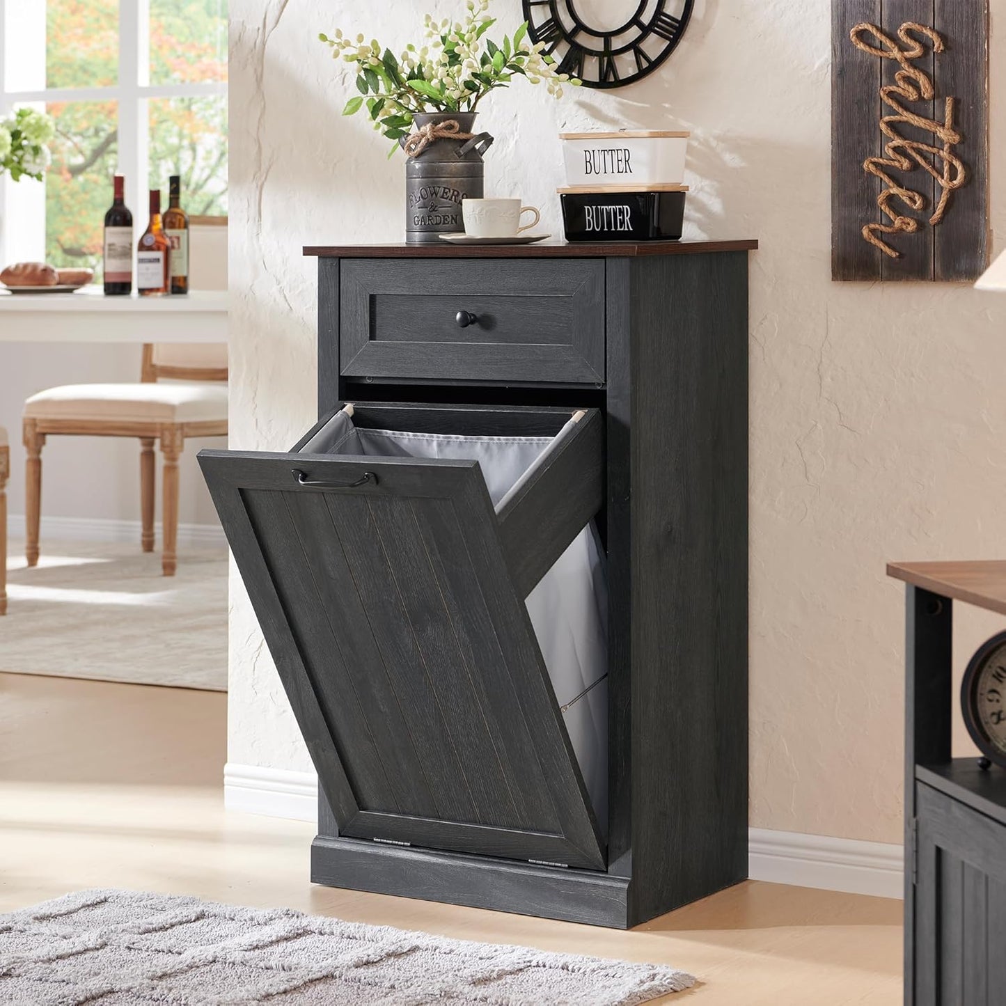 Tilt Out Laundry Hamper Cabinet, 10 Gallon Farmhouse Trash Can Cabinet with Drawer, Hidden Wood Garbage Can Bin Cabinet with Laundry Storage Basket for Bathroom, Kitchen, Dark Grey - NestledHome