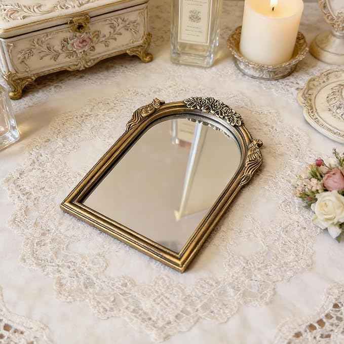 Vintage Vanity Desk Mirror -10x7Inch Wall-Mounted & Tabletop Decorative Ornate Gold Accent Retro Makeup Mirror for Bedroom Dresser Living Room Bathroom Dorm Champagne Gold