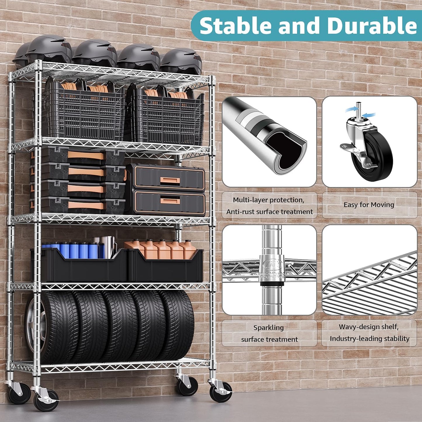 5-Shelf Storage Shelves,Wire Shelving Heavy Duty Metal Storage Shelving Unit Adjustable Garage Shelving Rack Pantry Kitchen (Chrome, 5 Tier,17.7" D x 47.2" W x 76.7" H) - NestledHome