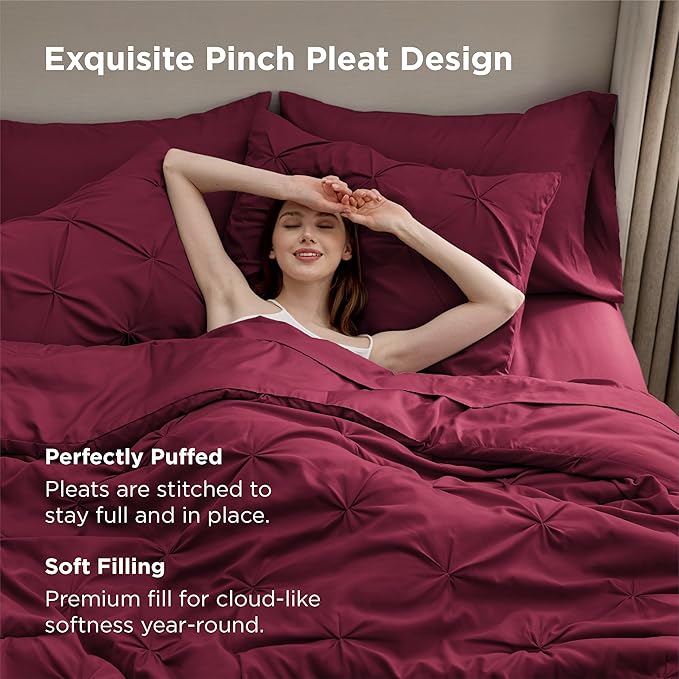 Bedsure Twin Comforter Set Dark Red - Bed in a Bag Twin Size Bedding 5 Pieces, GentleSoft™ Pintuck Bed Set Gift for Family, Pinch Pleat Dark Red Comforter with Sheets, Pillowcase & Sham