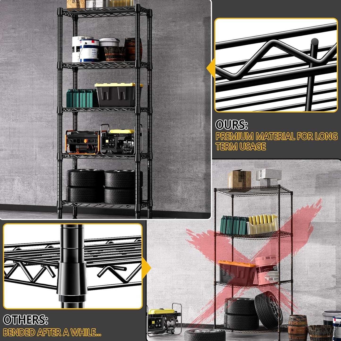 1250 lbs 5 Tier Shelf Metal Storage Shelves Wire Rack Closet Organizers for Garage Kitchen Bathroom Laundry Black 11.8" D x 23.6" W x 59.5" H - NestledHome