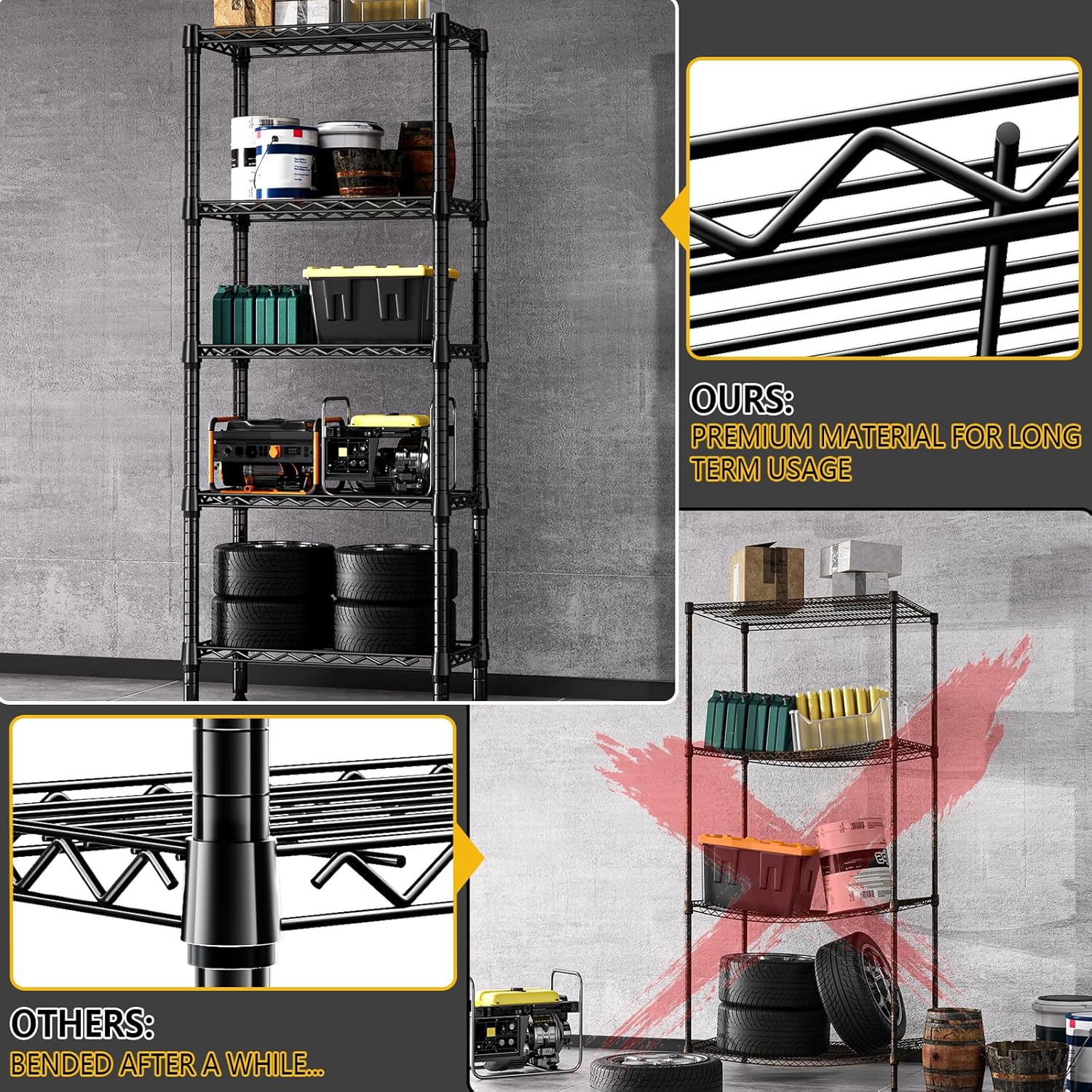 1250 lbs 5 Tier Shelf Metal Storage Shelves Wire Rack Closet Organizers for Garage Kitchen Bathroom Laundry Black 11.8" D x 23.6" W x 59.5" H - NestledHome
