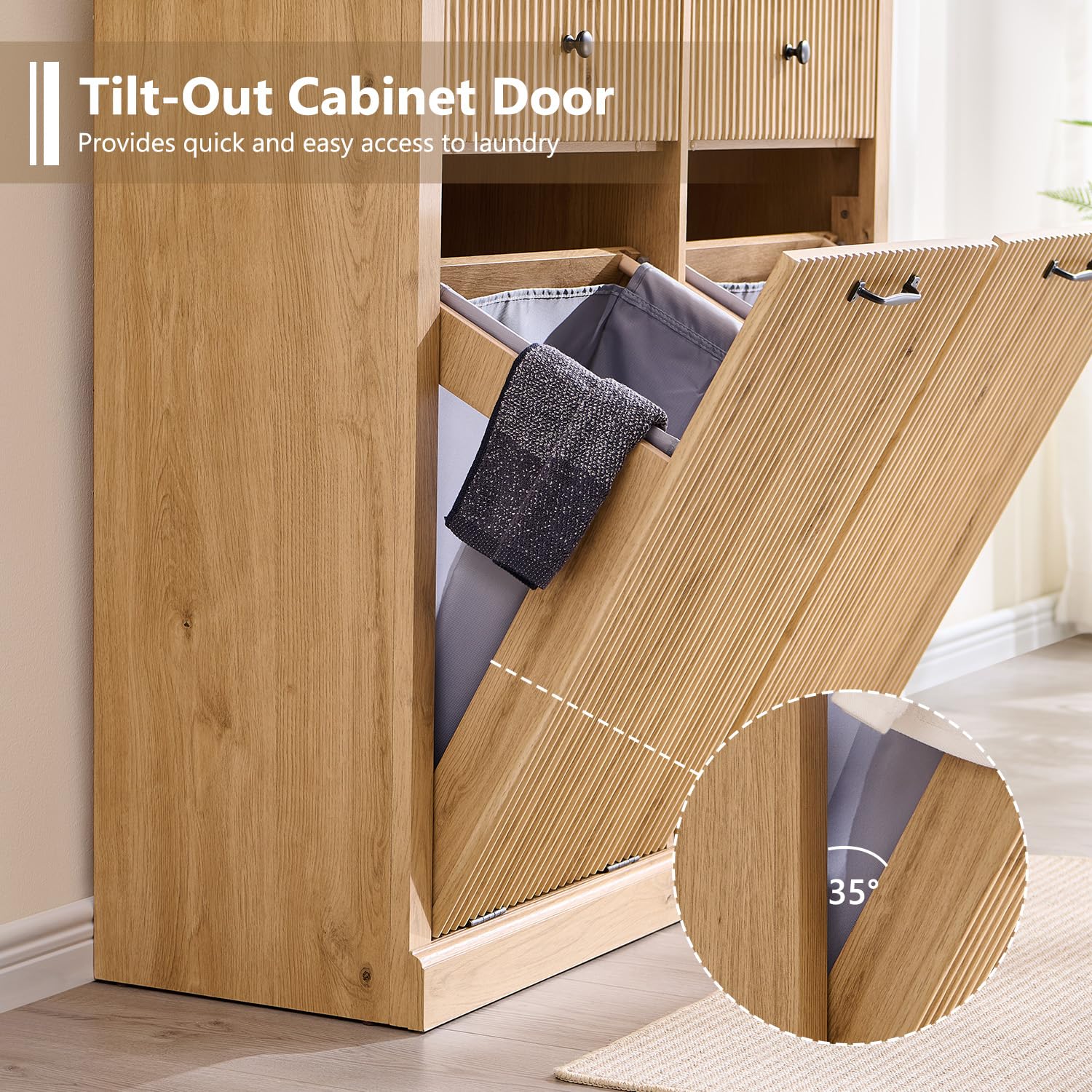 Modern Double Tilt-Out Trash Cabinet, 20 Gallon Fluted Laundry Hamper Cabinet with 2 Drawers, Wooden Hidden Garbage Can Cabinet with Storage Basket for Kitchen & Living Room, Natural Oak - NestledHome