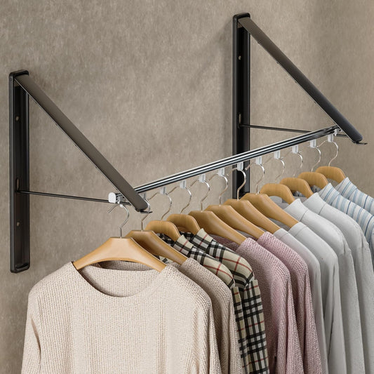 Dr.DJ Clothes Drying Rack with Rod, Wall-Mounted Retractable & Foldable Clothes Hanger for Laundry Room Organization and Storage, Metal Clothes Hanger Rack for Dorm, Closet, Balcony 2Rack, 1Rod Black - NestledHome