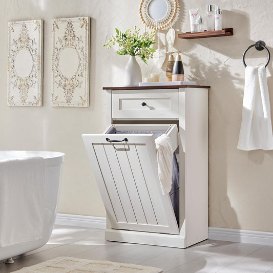 Tilt Out Laundry Hamper Cabinet, 10 Gallon Farmhouse Trash Can Cabinet with Drawer, Hidden Wood Garbage Can Bin Cabinet with Laundry Storage Basket for Bathroom, Kitchen, Antique White - NestledHome