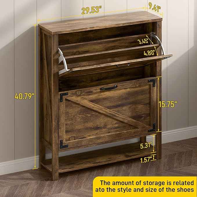 Vabches Shoe Storage Cabinet, 5-Tier Farmhouse Freestanding Organizer with 2 Flip Drawers, Wooden Shoes Rack Cabinets Storage Organizer with Doors for Entryway, Hallway, Closet, Rustic Brown