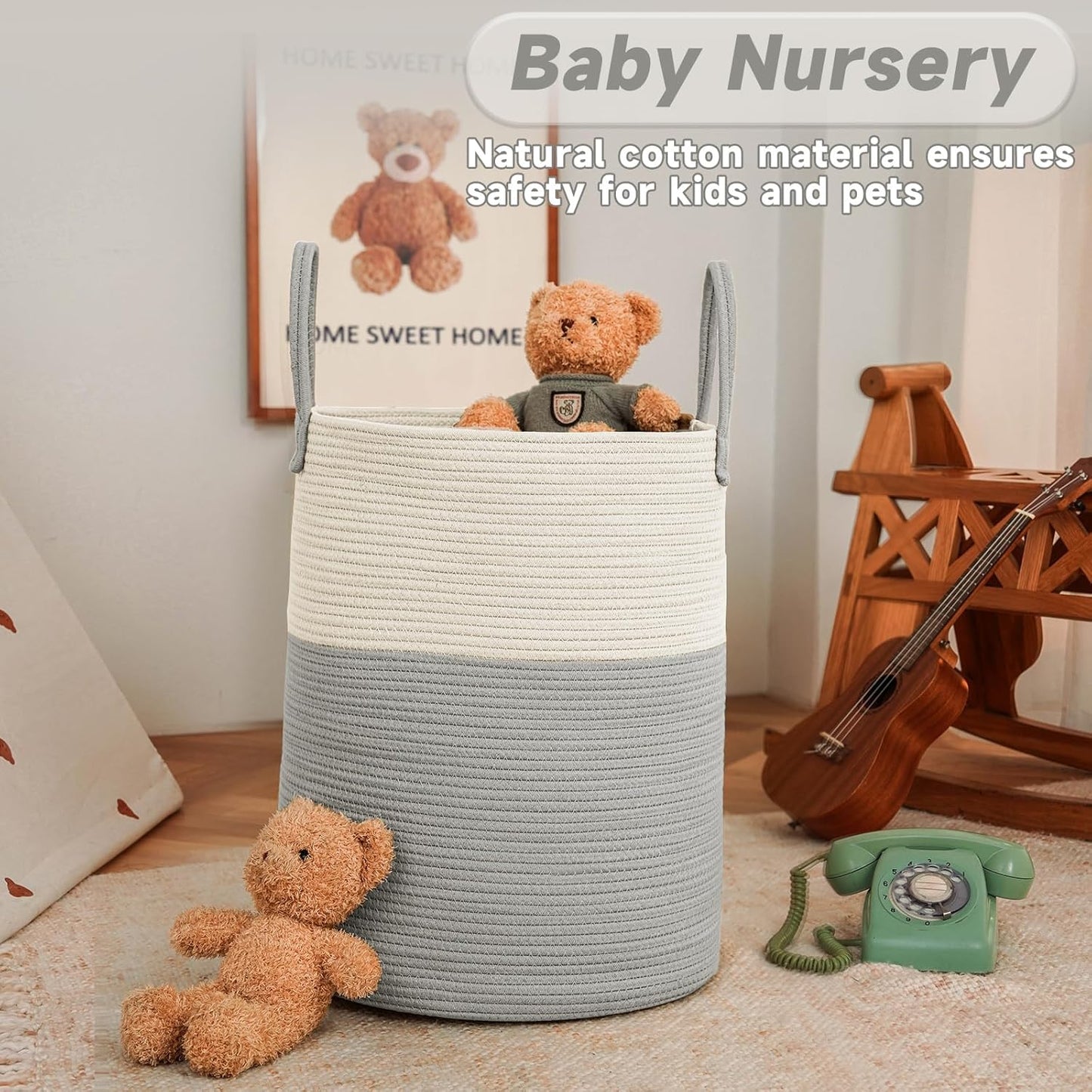 Large Woven Laundry Basket Hamper,100L Cotton Rope Storage Bin for Blankets,Toys and Clothes,Decorative Tall Nursery Hamper for Living Room,Baby Nursery,Bathroom and Bedroom,White and Grey