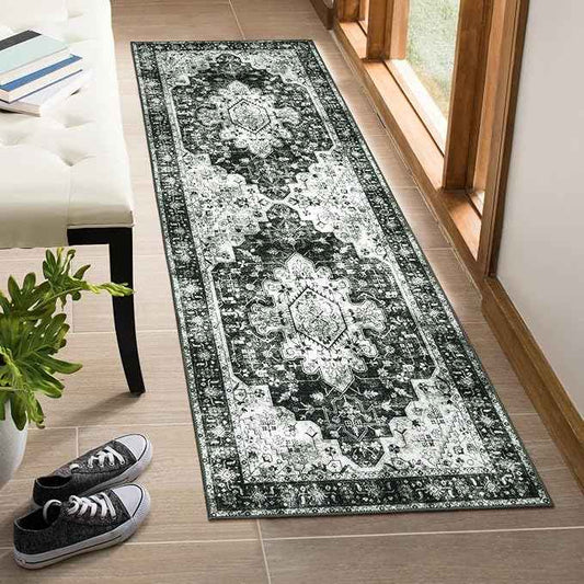 Moynesa Washable Black and White Runner Rug - 2x6 Bathroom Runner with Rubber Backing, Hallway Boho Non-Slip Non-Shedding Low Pile Accent Carpet for Laundry Room Entryway