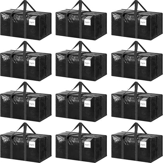 12 Pack Extra Heavy Duty Large Moving Bags with Strong Zipper & Comfortable Handles, Sturdy & Durable Clothes Storage Bags Totes Bins, Packing Moving Boxes for College Supplies, Black