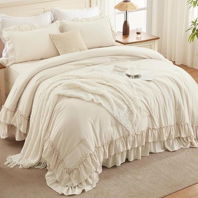 Andency Beige Full Size Comforter Set, 3 Pieces Farmhouse Shabby Chic Ruffle Comforter, Soft Lightweight Fluffy All Season Microfiber Bedding Comforter Set for Kids, Girls, Women