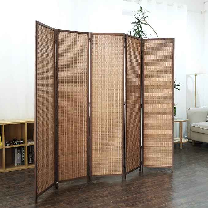 5 Panel Bamboo Room Divider and Folding Panel Screen,Bamboo Panel Divider for Room Separation,Brown,67" H x 76.75" W