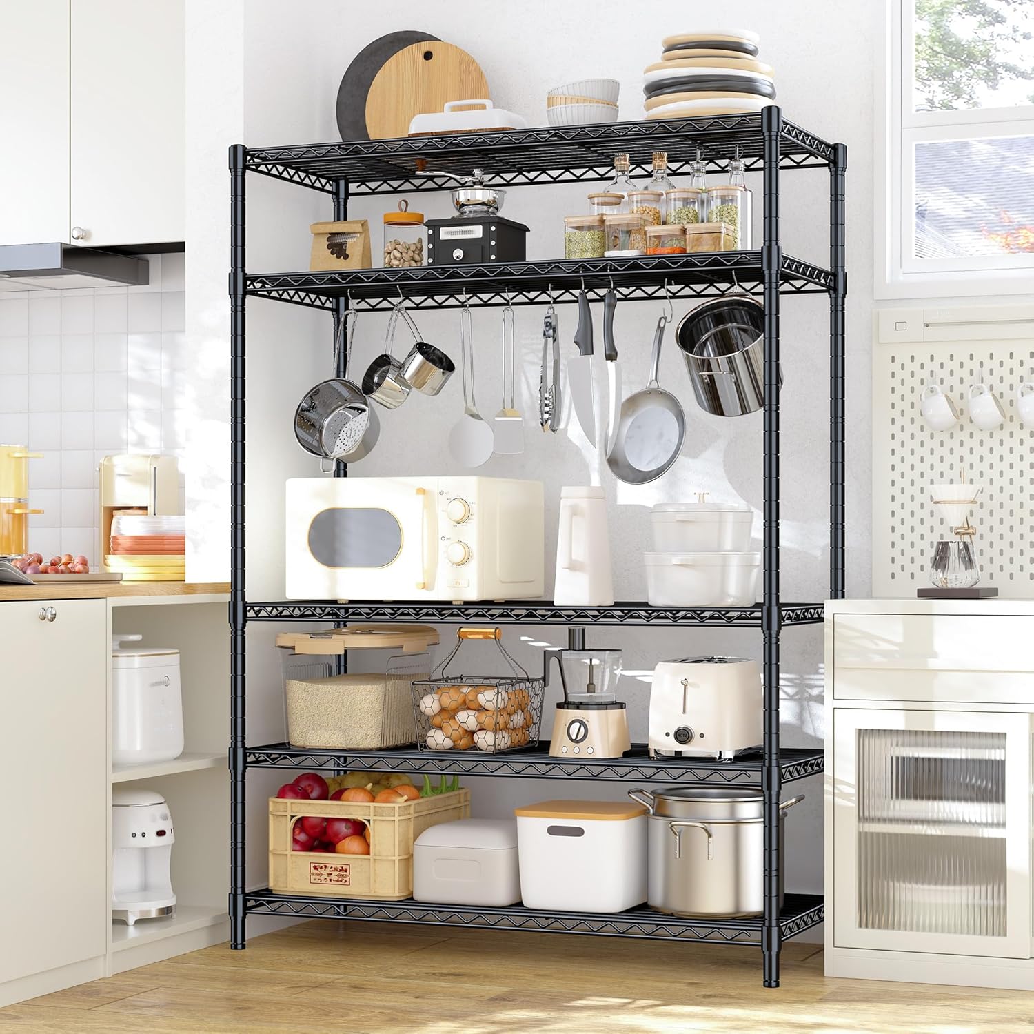 5 Tier Storage Shelves 71"H Wire Shelving Adjustable Metal Shelving,1000LBS Pantry Shelves Sturdy Steel Wire Shelf for Kitchen School Pantry Garage Warehouse ,71"H X35.5"W X13.8"D, Black,2P - NestledHome