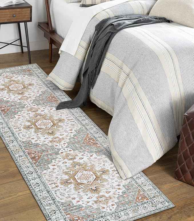 Moynesa Ultra-Thin Washable Runner - 2'6" x 8' Hallway Rug, Kitchen & Bathroom Carpet, Vintage Printed Low Pile Entryway Runner for Apartment, Camper, RV, Beige/Gold