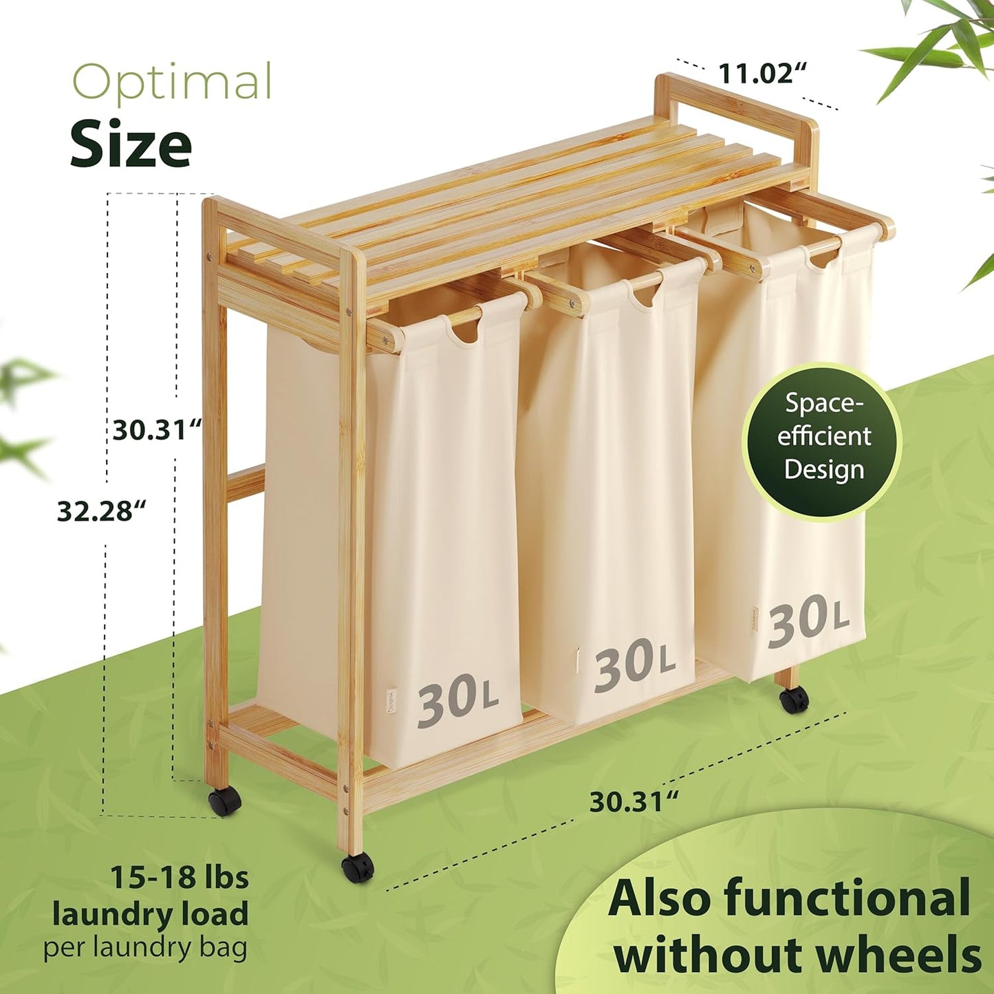 Laundry basket with wheels beige - Large Bamboo Laundry Sorter with Removable Cotton Bags - 3 Section laundry room organization - Durable, Eco-Friendly, and Stylish Storage Solution for Home - NestledHome