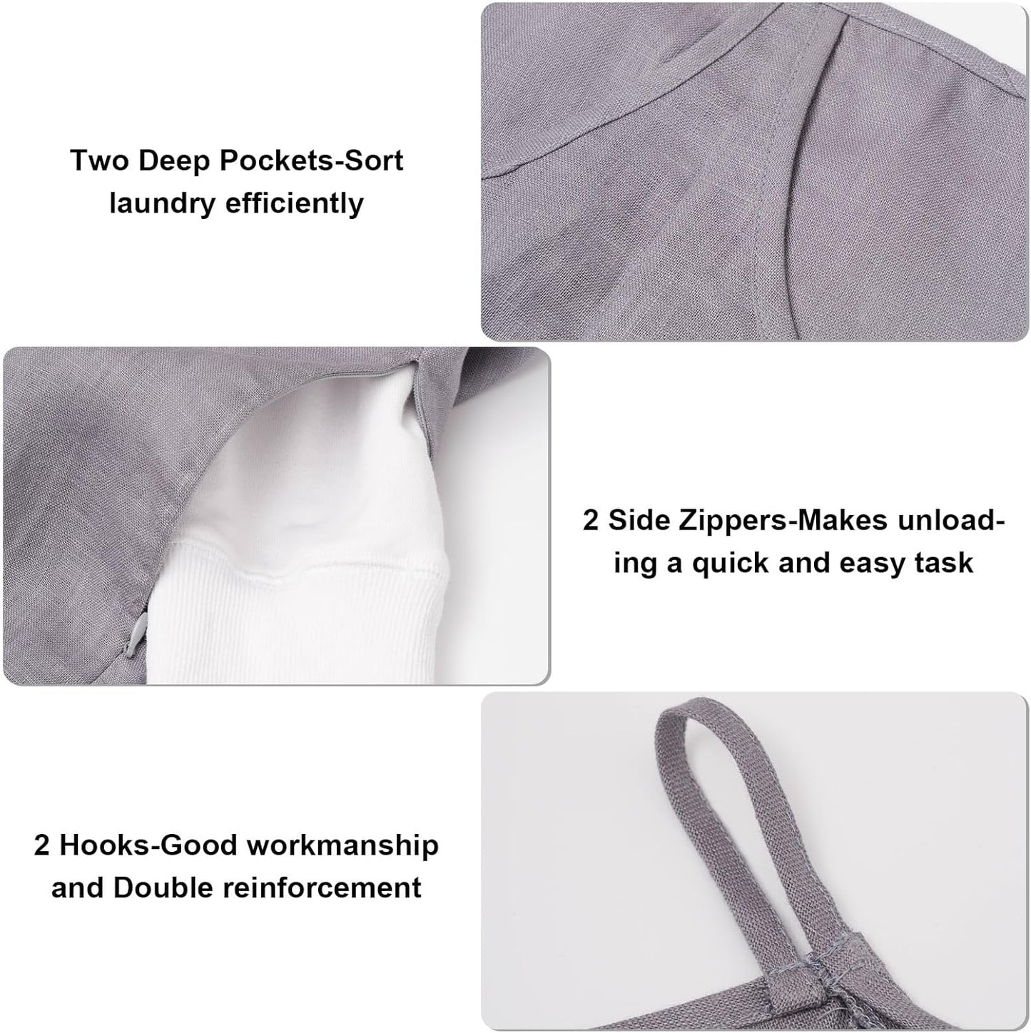 100% Pure Linen Dual Hanging Laundry Bag with 2 Deep Pocket and 2 Side Zipper 20x27in, Over The Door Laundry Hamper Space Saving Hampers for Dirty Clothes Home Travel, Grey - NestledHome