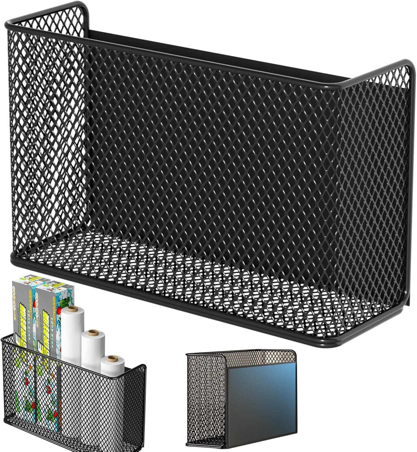 Magnetic Basket Fridge Lint Bin Dryer Ball Holder Laundry Room Organization Home Storage for Class Office School (Mesh，(1-Pack) Black/L) - NestledHome