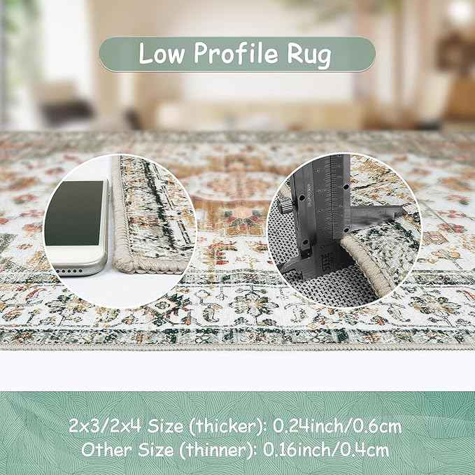 Moynesa Ultra-Thin Washable Round Rug - 4ft Oriental Circle Area Rugs for Bedroom Entryway, Vintage Non Slip Non Shedding Low Pile Carpet for Living Room Coffee Table Kitchen, Beige/Gold