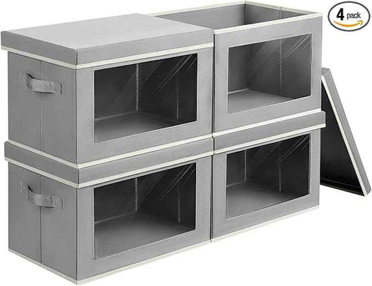 Storage Bins with Lids, 4 Pack Large Storage Cubes with Window, Closet Bins with Lids & Handles, Fabric Box for Organizing Clothes, Towels, Books, Grey