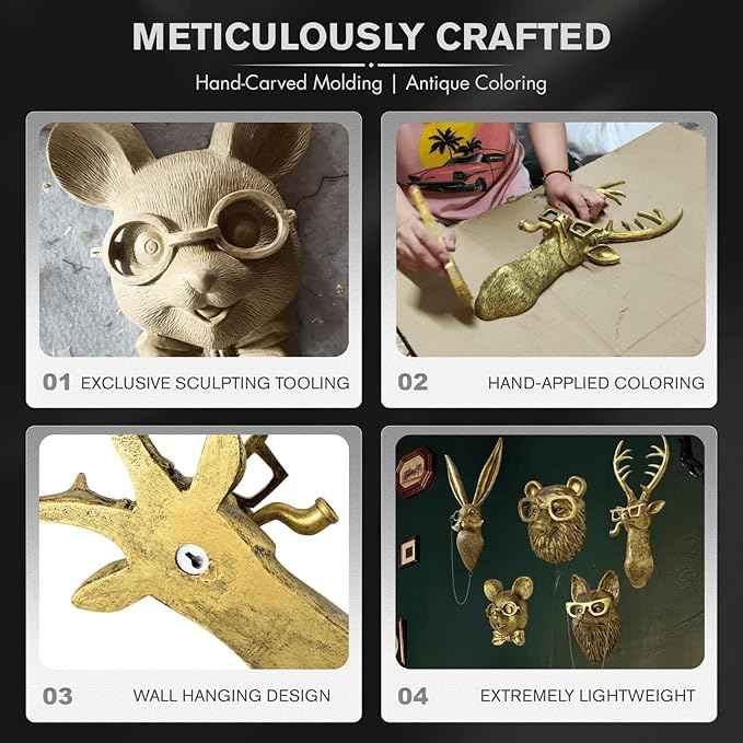 montresor 5 PCS Animals Head Wall Art Sculptures 17 inchs Gold Office Vintage 3D Wall Decor Art for Whimsigoth Home Wall Decor Lightweight Material Accent Wall Hanging Room Decor Maximalist Decor