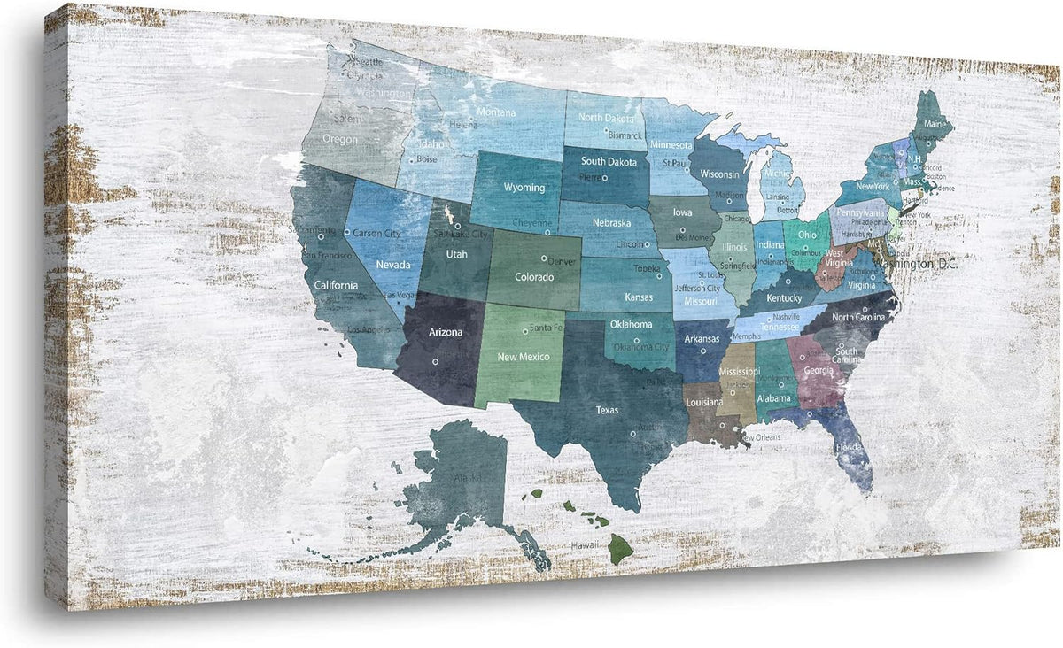 Map of The United States Wall Decor Map Canvas Wall Art for Wall Decoration Wood Background USA Canvas Prints for Bedroom Office Kitchen Home Wall Decor Framed Artwork Ready to Hang30 x60