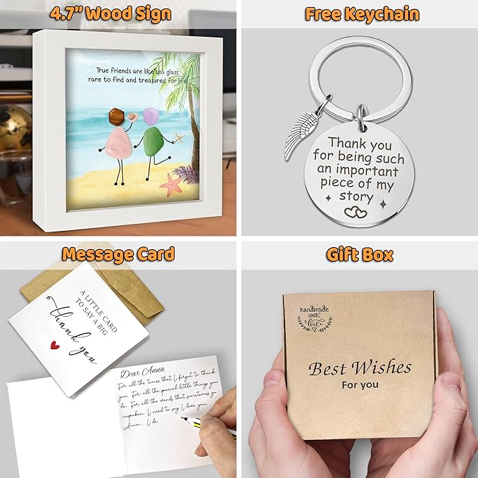 Friendship Birthday Gifts for Women, 5.5" Sea Glass Art Frame Best Friend Wall Art Decor, Engraved Bestie Keychain, Thank You Card, Appreciation Presents for Her Sisters, BFF, Besties, Friends S94-55