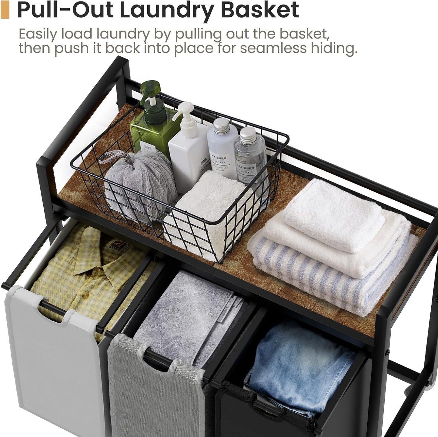 Laundry Hamper, Laundry Basket, Laundry Sorter with 3 Removable Bags, Clothes Basket with 3 Compartments, Wheels, Shelf for Laundry Room Bathroom Bedroom (3 Bags-Black Grey White) - NestledHome