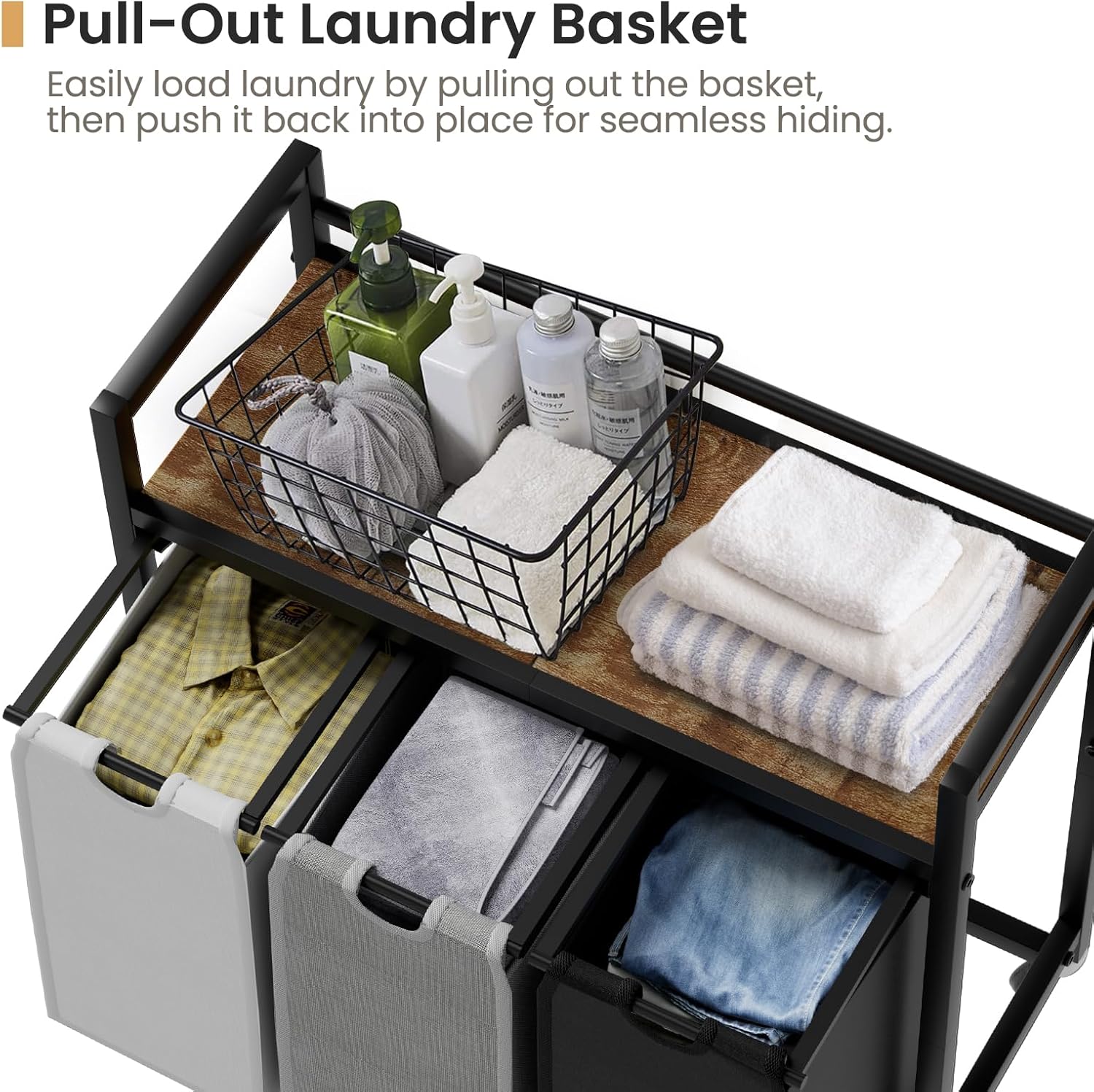 Laundry Hamper, Laundry Basket, Laundry Sorter with 3 Removable Bags, Clothes Basket with 3 Compartments, Wheels, Shelf for Laundry Room Bathroom Bedroom (3 Bags-Black Grey White) - NestledHome