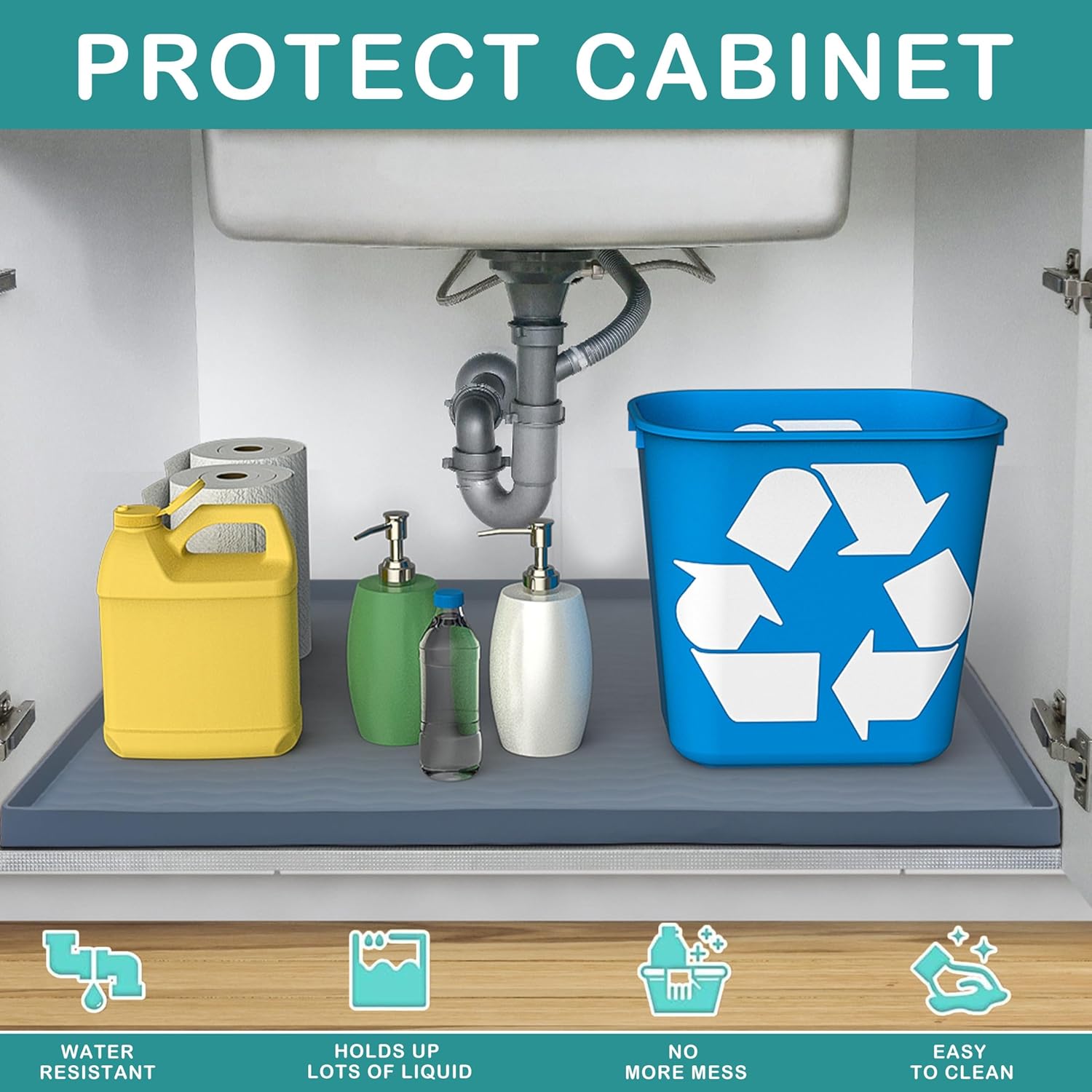 URMONA Waterproof Silicone Under Sink Mat 16'' x 10'' Shelf Liner for Kitchen and Bathroom, Cabinet and Counter Protector, Storage and Organizers, Litter Mat, Pet Cat Puppy Essentials(Black) - NestledHome
