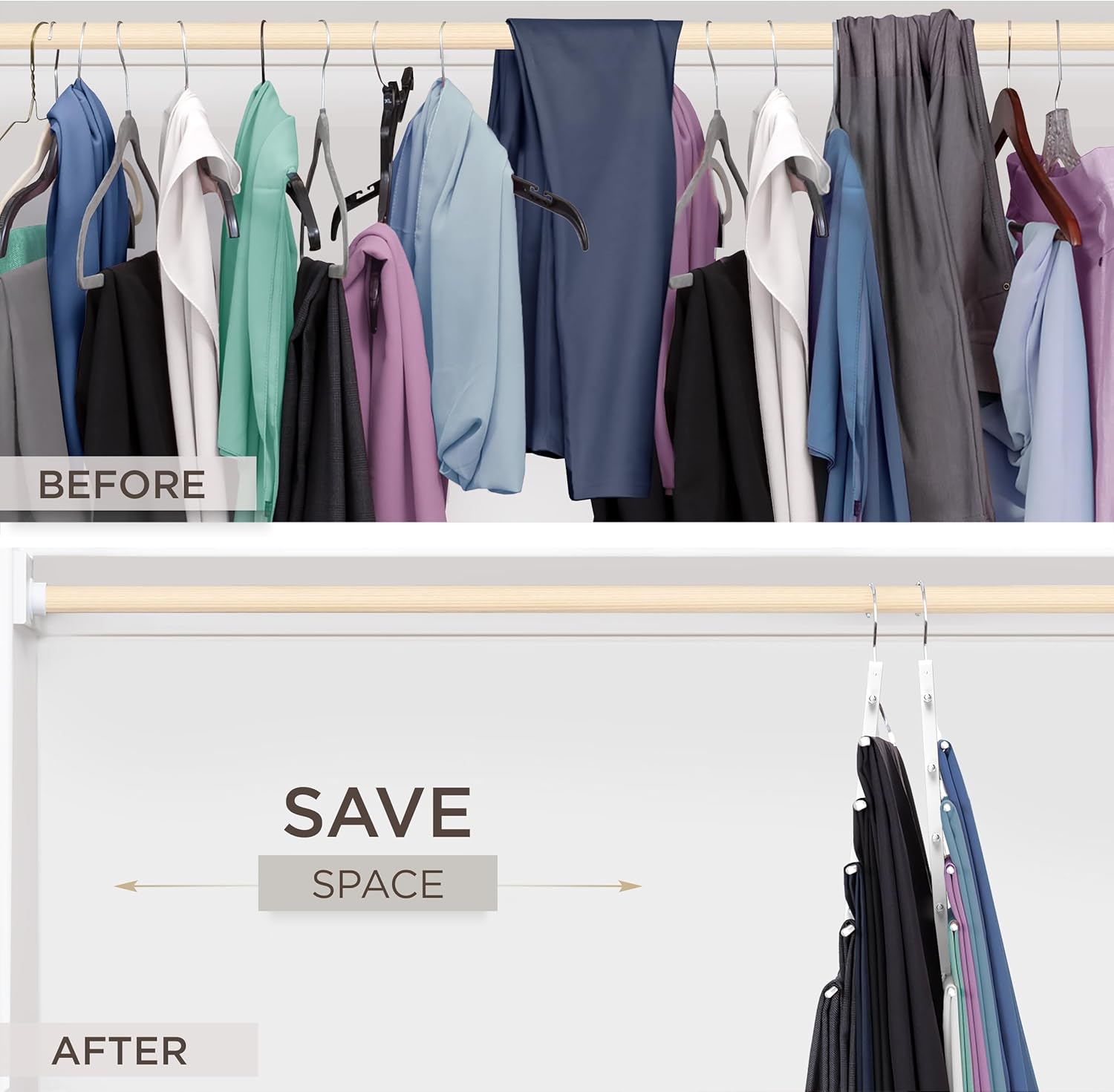 MORALVE Pants Hangers Space Saving - 2 Pack European Beechwood Scarf and Jean Hangers - Closet Organizer and Space Saver Pant Rack, Leggings Hanger, and Scarf Holder with 360° Swivel Hook - NestledHome