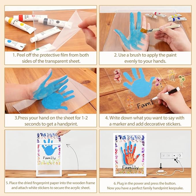 OurWarm Family Handprint Kit with Light, DIY Handprint Family Keepsake Wooden Frame with Sticker & Non-Toxic Baby Safe Paint, Baby Keepsake Gifts for Newborn, Mother's Day, New Parents, Adoption Day